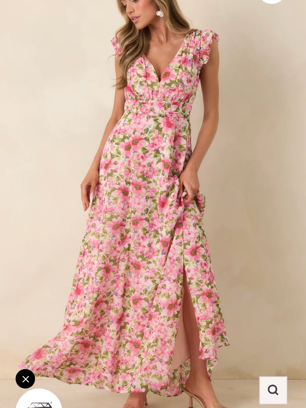 Dress Forum Pink Floral Maxi Dress with Green Leaf Print